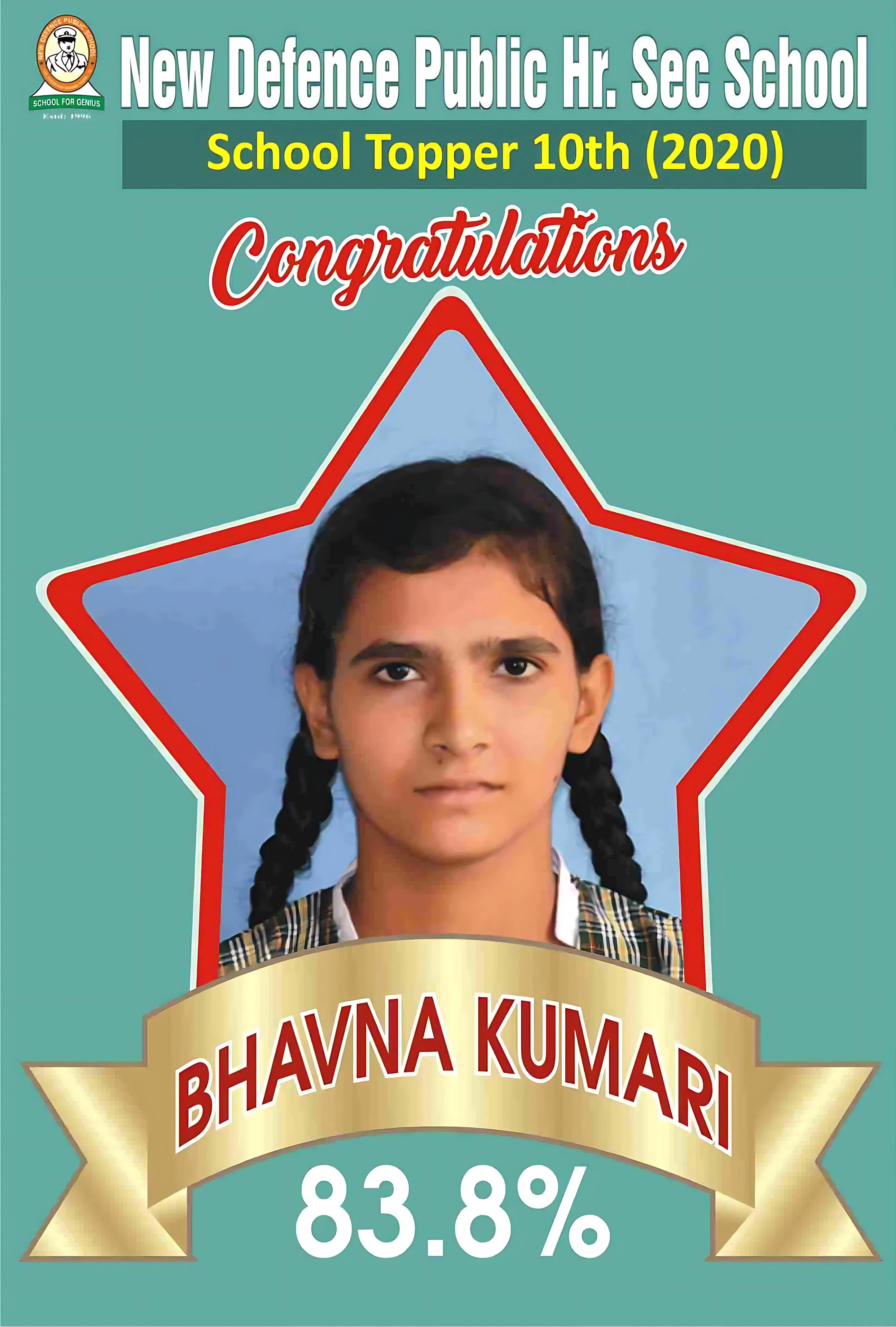 School topper, Class X (2020) — Bhavna Kumari, 83.8%