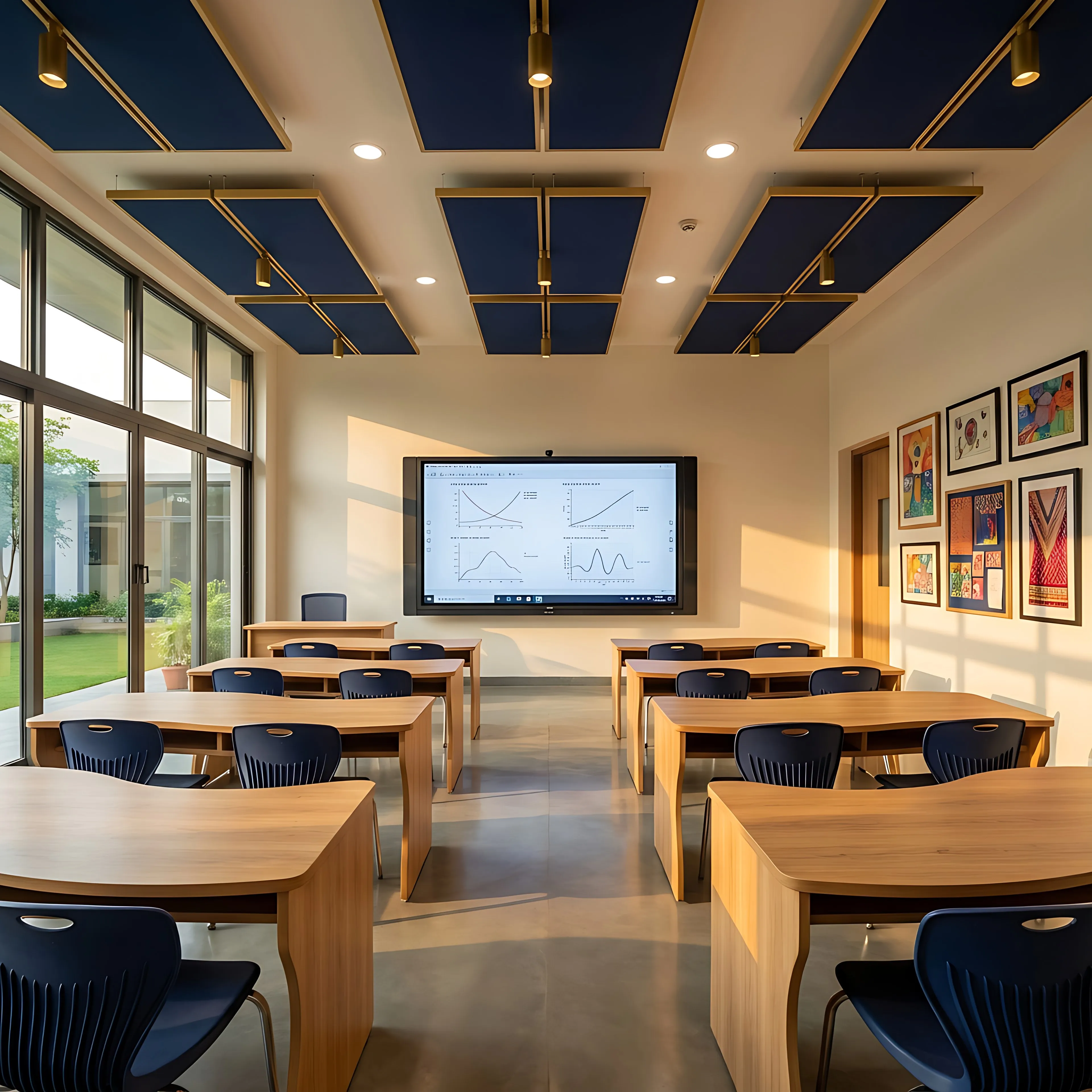 An empty classroom arranged for the school day