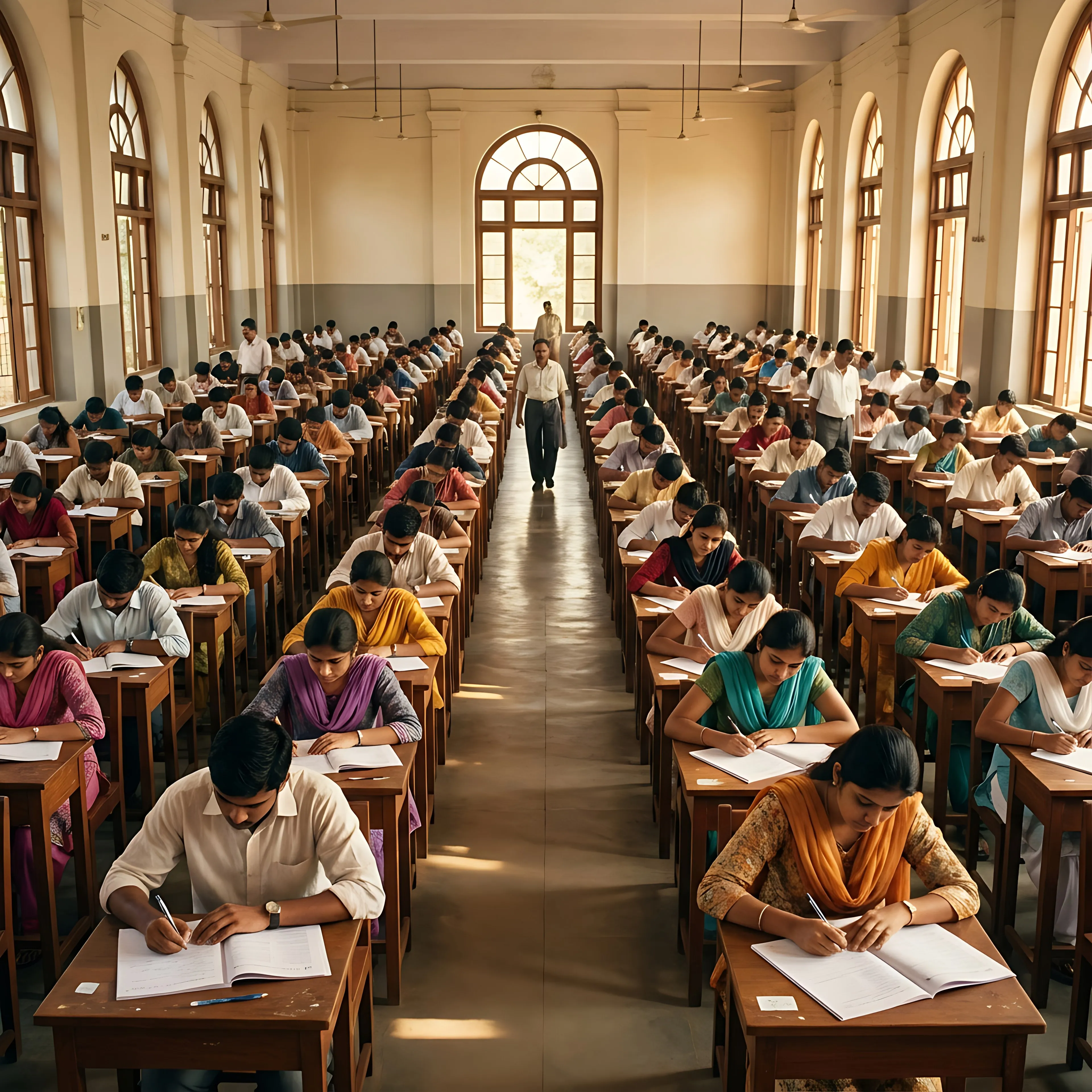 Students writing an examination in a large hall