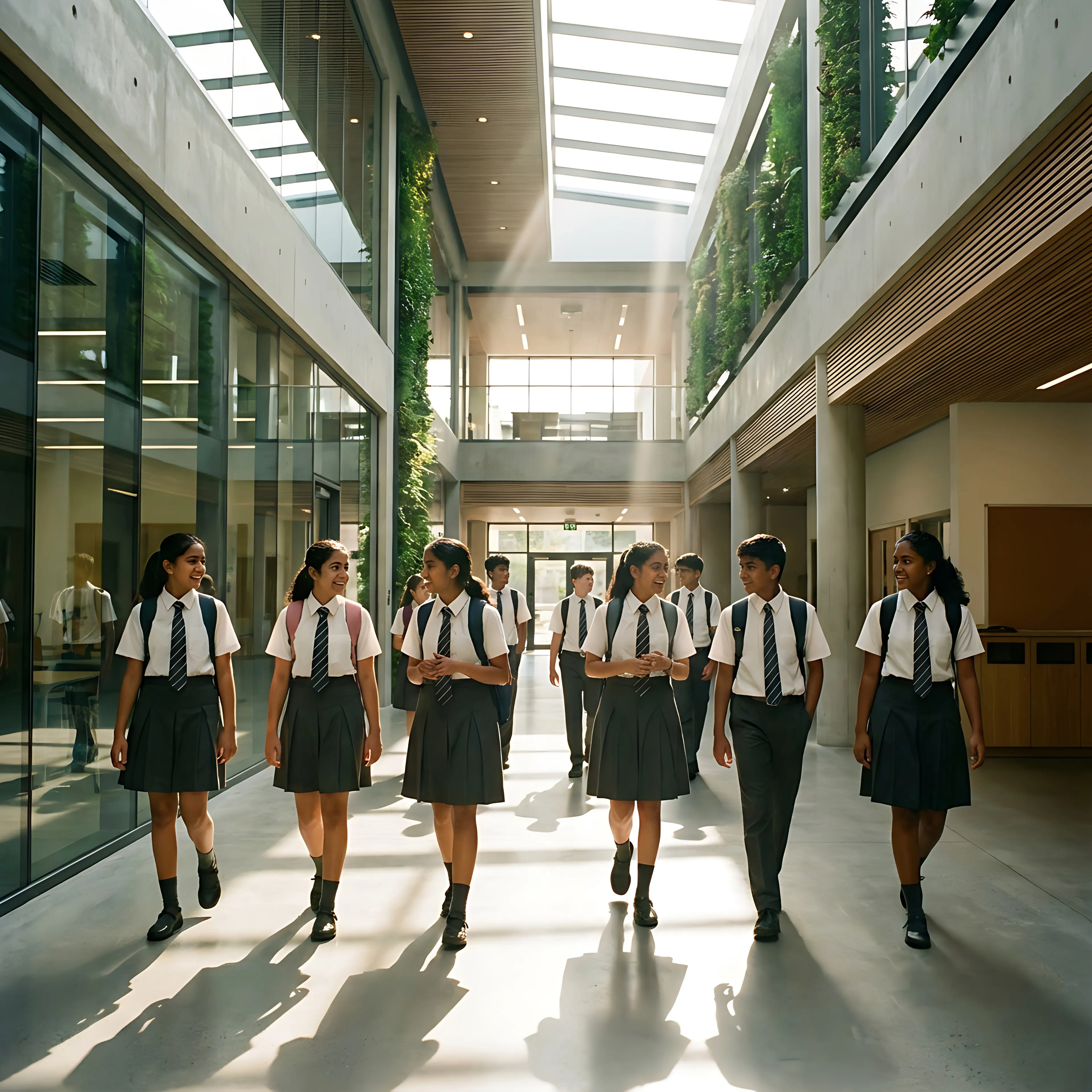 Students in uniform walking along a school corridor