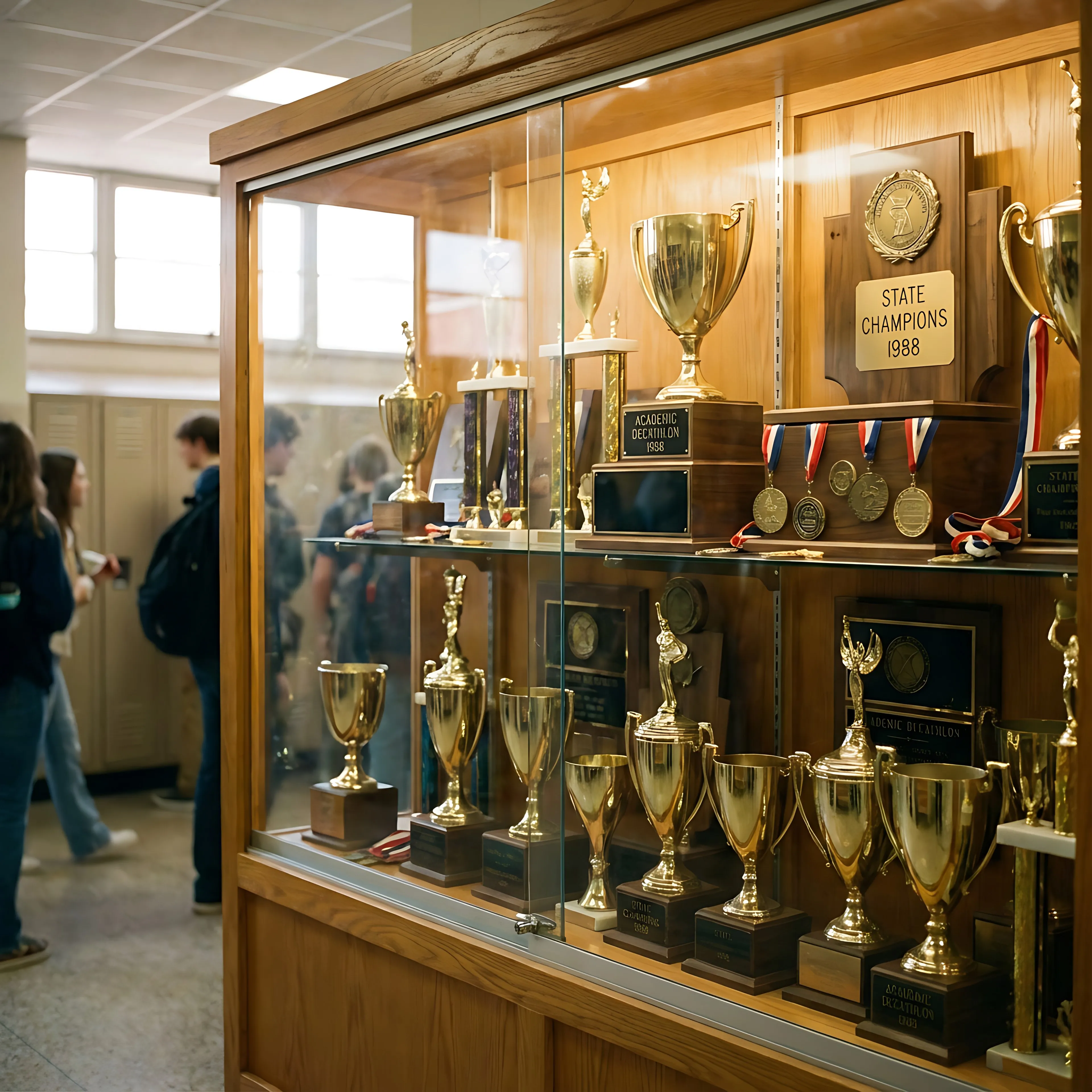 Trophies and medals in a display cabinet
