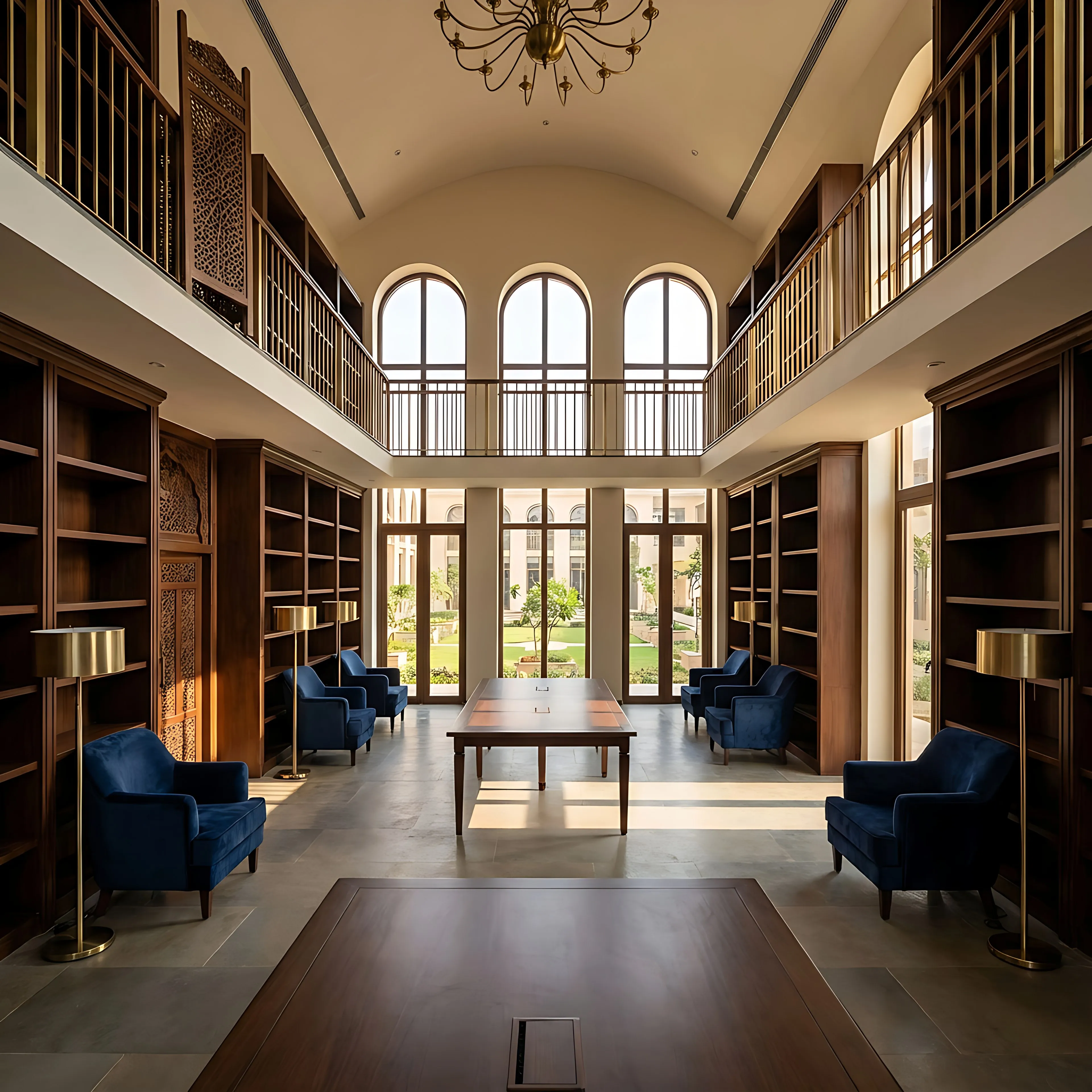 A quiet school library with tall shelves